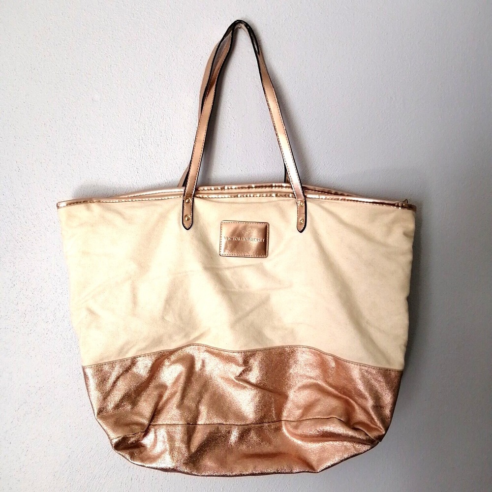 Victoria's Secret Purse Womens Tote Bag Ivory Pink Metallic Zip Double Straps XL